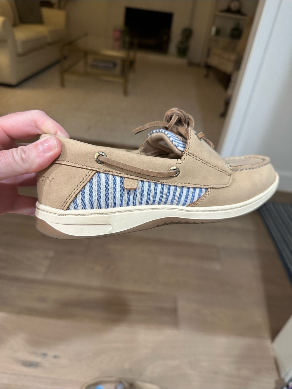 Sperry Tan Leather Boat Shoes with Blue Stripe Detail